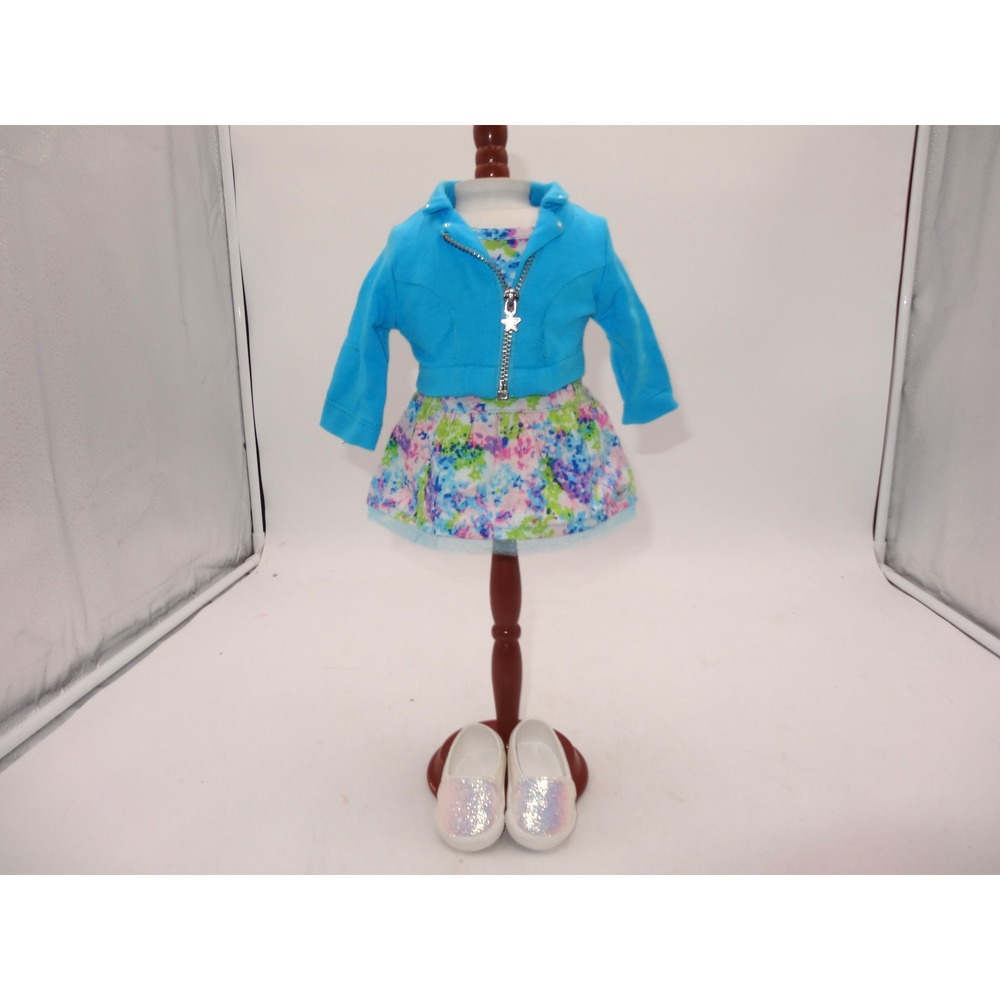 American Girl Truly Me Meet Outfit Blue Moto Jacket Floral Dress Shoes
